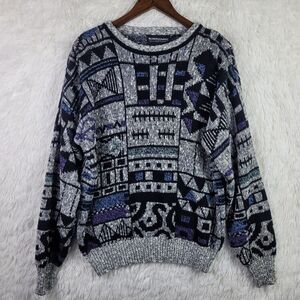 Vtg Expressions International Mens L Abstract Gray Purple Sweater Cosby 90s 80s